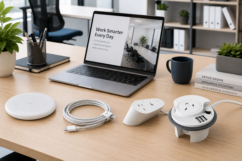 Office desk power and cable management parts arranged on a bright workstation with laptop, charging cable, desktop power module and desk accessories.