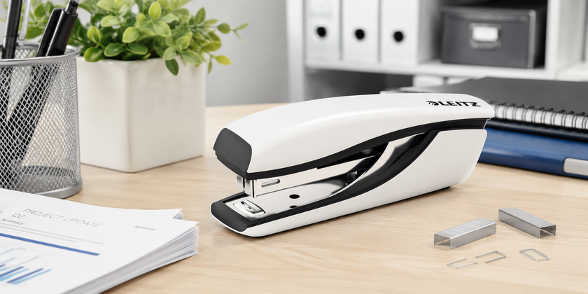 Modern white office stapler on a clean workstation for everyday document fastening in offices, schools and home workspaces.