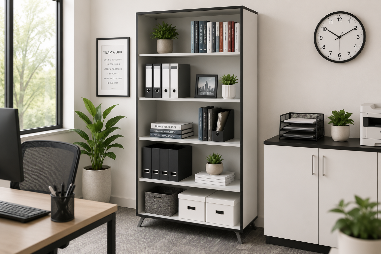Office bookcase in a modern workspace with binders, books, storage boxes and plants for organised document storage and display.