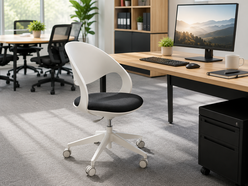 Office chair in a bright modern workstation with desk, monitor, keyboard and meeting area in the background.