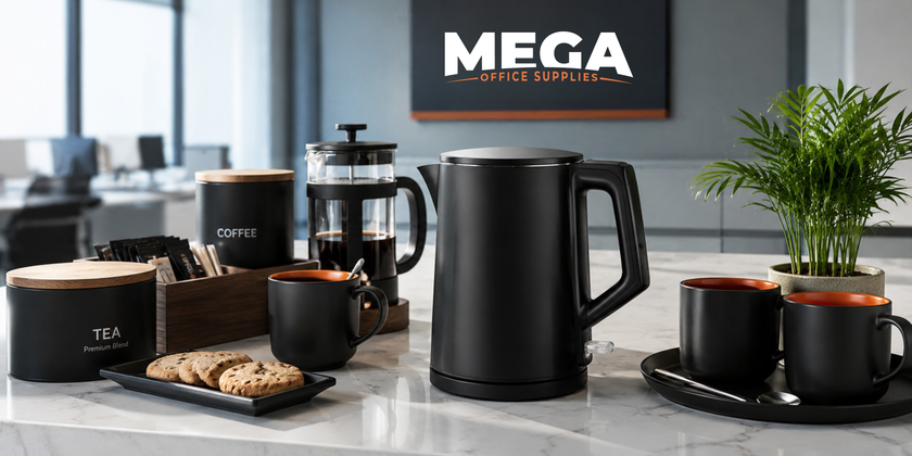 Matte black electric kettle in a modern office tea and coffee station with mugs, canisters and breakroom accessories.