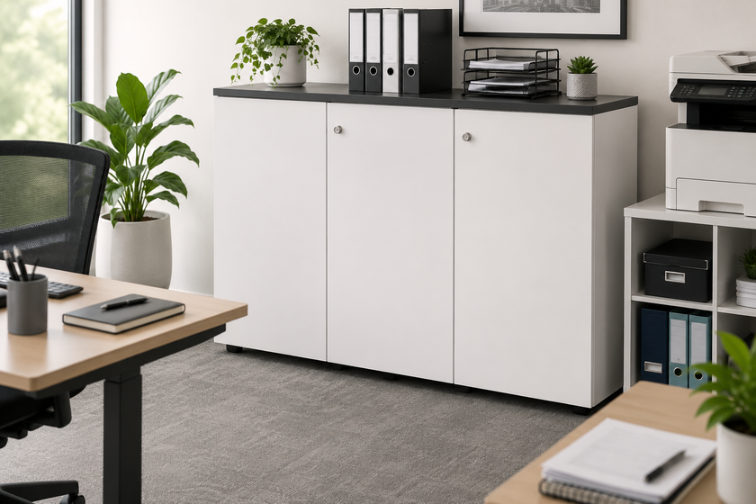 Office cupboard in a modern workplace storage area with binders, document trays and office supplies for organised secure storage.