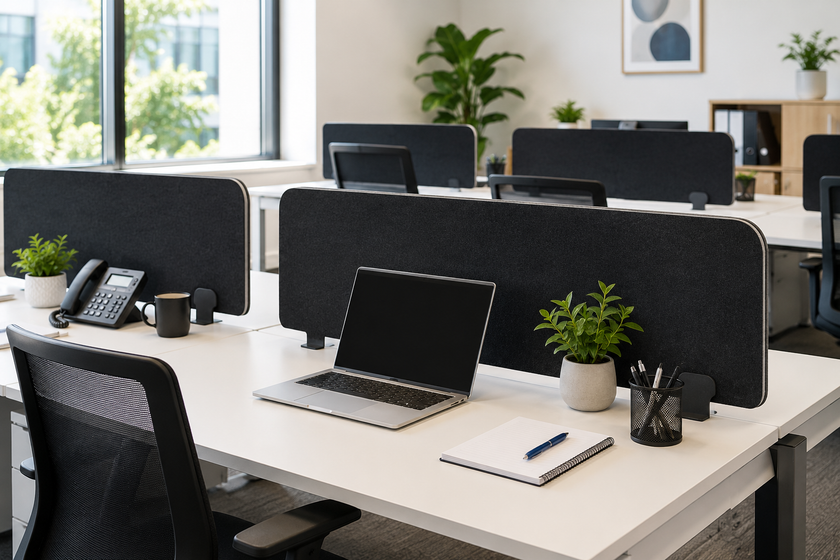 Modern open-plan office with acoustic desk screens creating private workstations on bright white desks in a professional workplace.