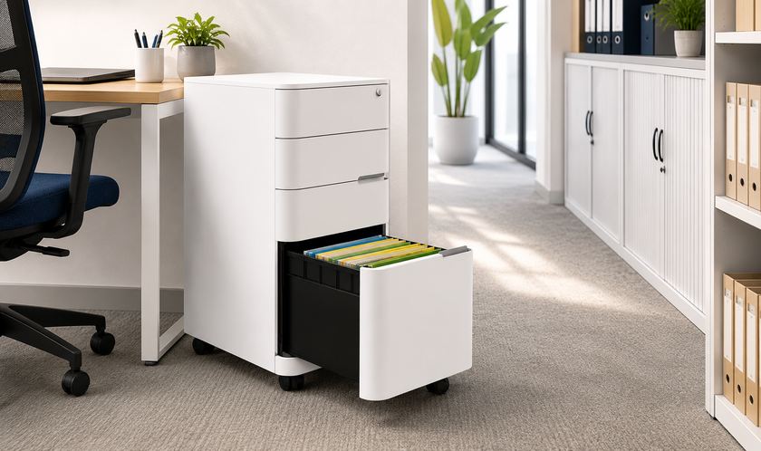 White mobile office filing cabinet with an open suspension file drawer in a bright, modern workplace.