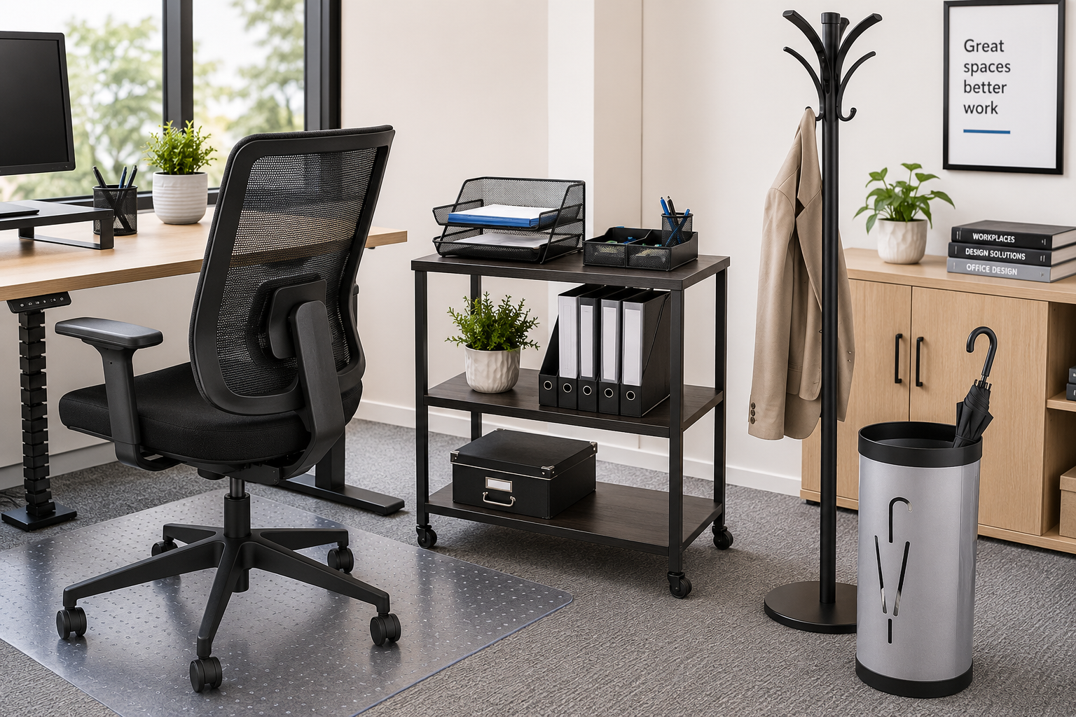 Office furniture accessories in a bright workspace with a coat stand, umbrella holder, mobile trolley, chair mat and organised desk area.