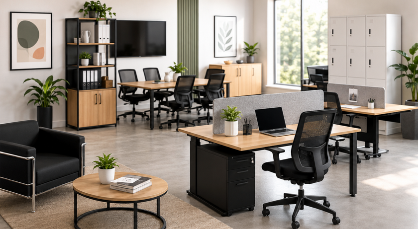 Office furniture including desks, ergonomic chairs, storage cabinets, lockers and reception seating in a bright modern workspace fitout.