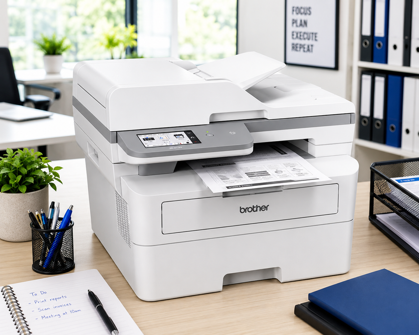 Office printer on a bright modern desk with documents and stationery for everyday printing, scanning and workplace productivity.