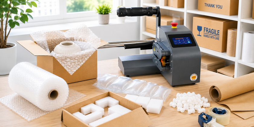 Packaging protection materials including bubble wrap, foam, air pillows and packing paper arranged in a bright modern warehouse workspace.