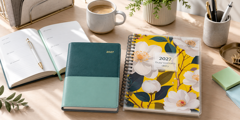 Teal 2027 planner and floral spiral diary arranged on a bright timber desk with an open weekly planner, coffee and office accessories.