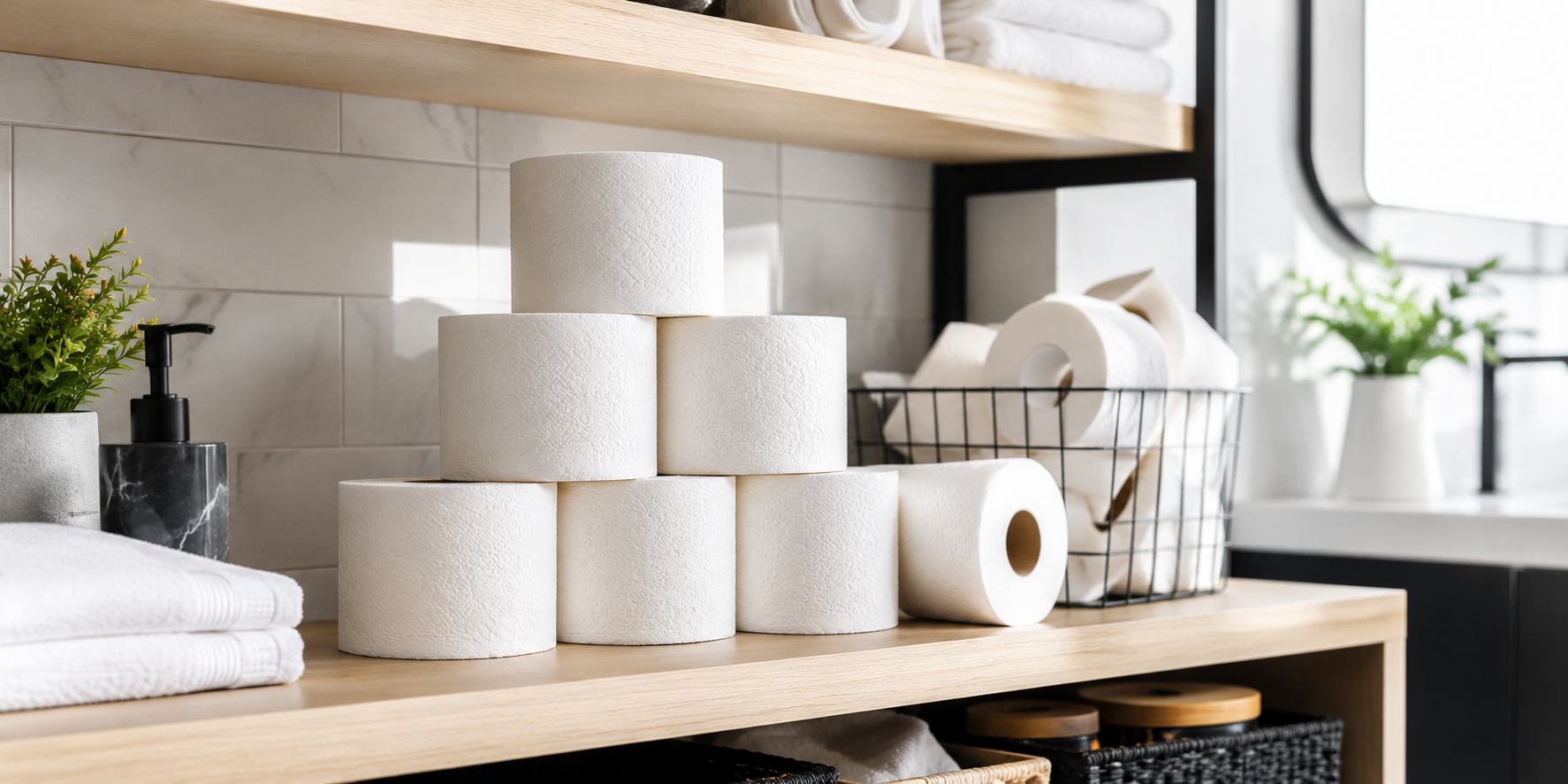 Neatly arranged toilet paper rolls on modern bathroom shelving with towels, storage baskets and washroom accessories in a clean commercial washroom setting.