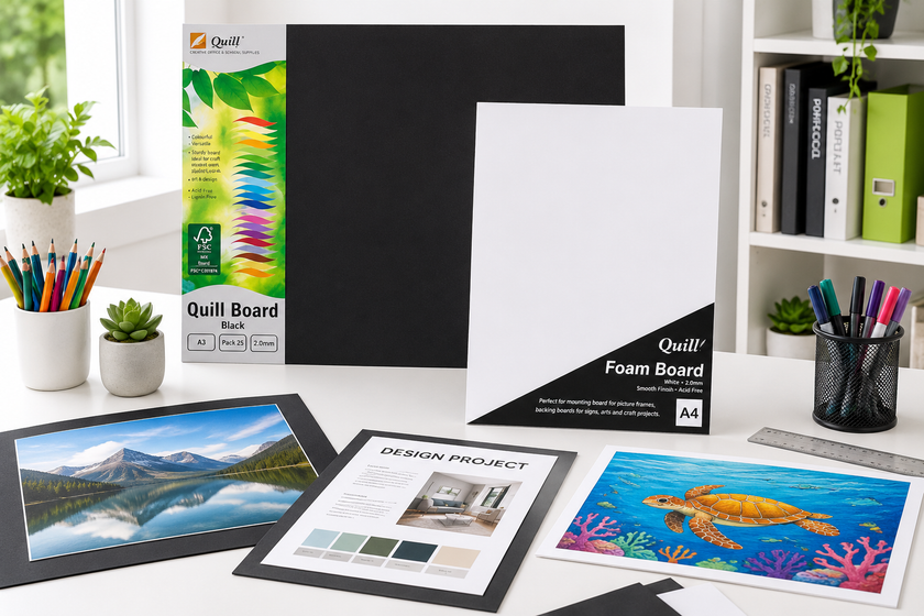 Mounting boards displayed in a bright studio workspace with artwork, presentation sheets and creative supplies for polished displays.