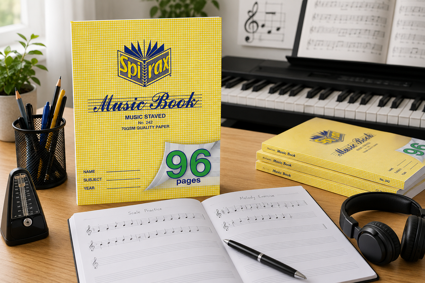 Educational music books arranged on a tidy music practice desk with piano, sheet music, headphones and notation supplies.