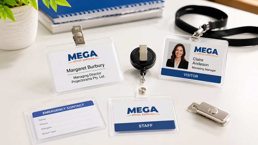 Name badges, ID holders, lanyards and retractable reels arranged on a bright white office desk.