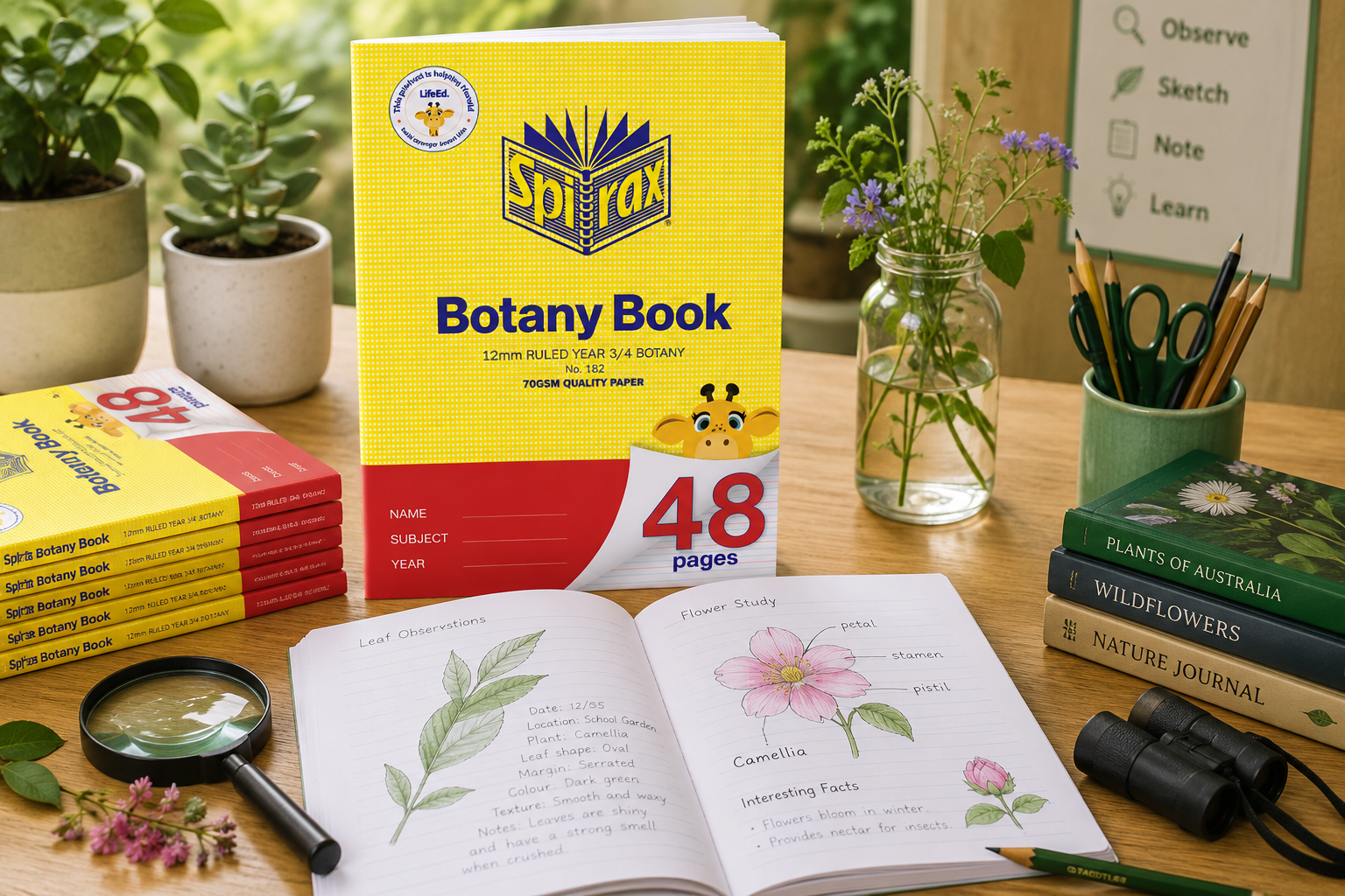 Botany books arranged on a nature study table with plant sketches, pencils, magnifying glass and classroom observation supplies.