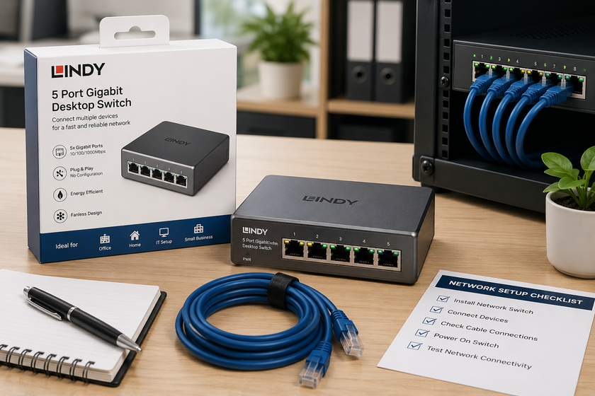 Network switch arranged on a bright office tech desk with Ethernet cables, product packaging, network rack and setup checklist.