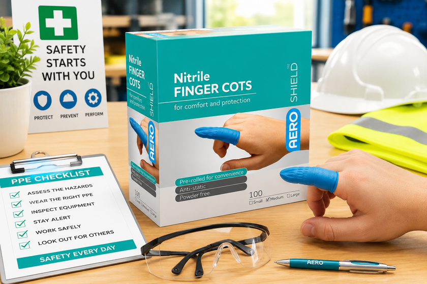 Nitrile finger cots displayed in a bright PPE workspace with safety glasses, checklist, hard hat and high visibility gear.