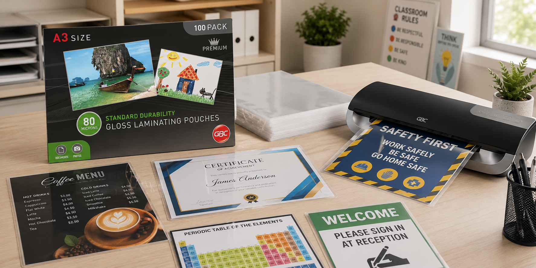 A3 laminating pouches on a tidy office print room desk with laminated signs, certificates and documents ready for protection.