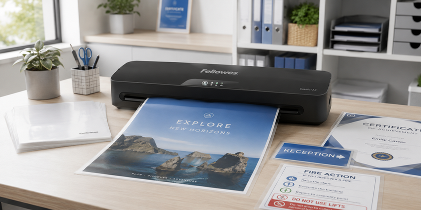 A3 laminator on a tidy office workstation laminating a large poster, with pouches, certificates and reception signage arranged nearby.