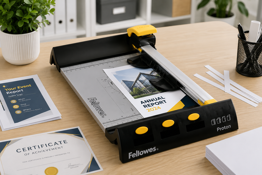 A4 paper cutter on a bright office desk with printed reports, certificates and trimmed paper strips for clean document finishing.