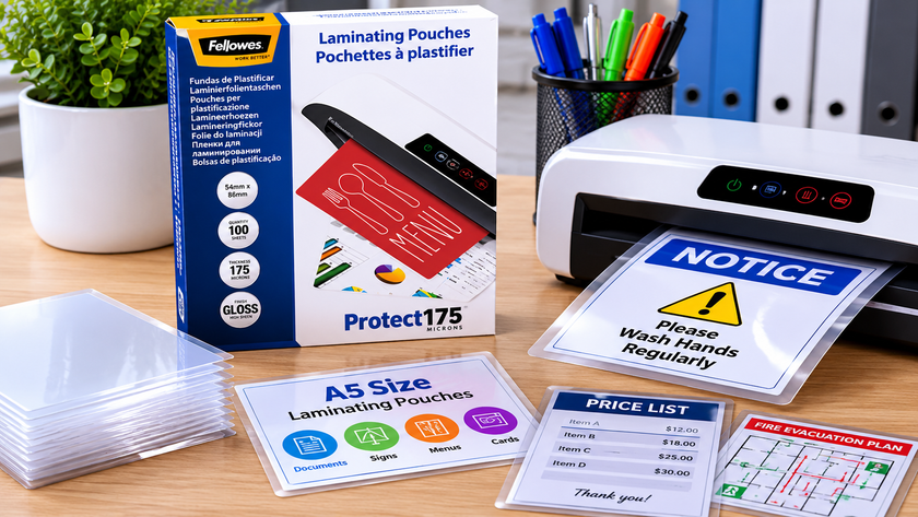 A5 laminating pouches and laminator on an organised office desk with laminated signs, checklists and workplace documents.