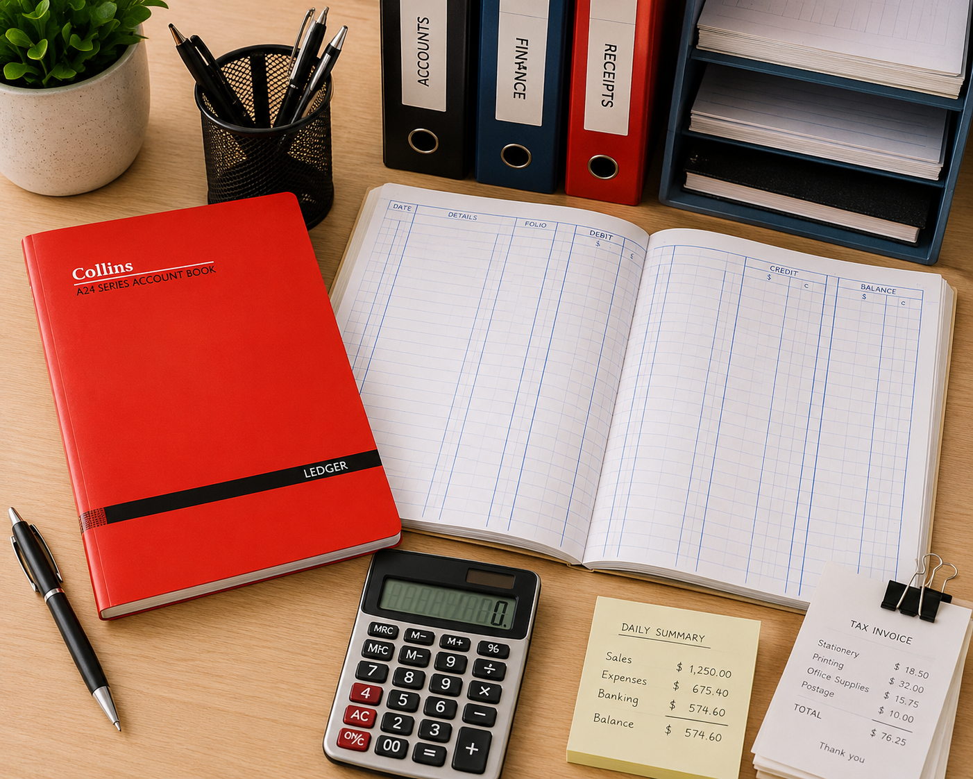 Office account books arranged on a clean finance desk with ledger pages, calculator, receipts and filing folders for organised business record keeping.