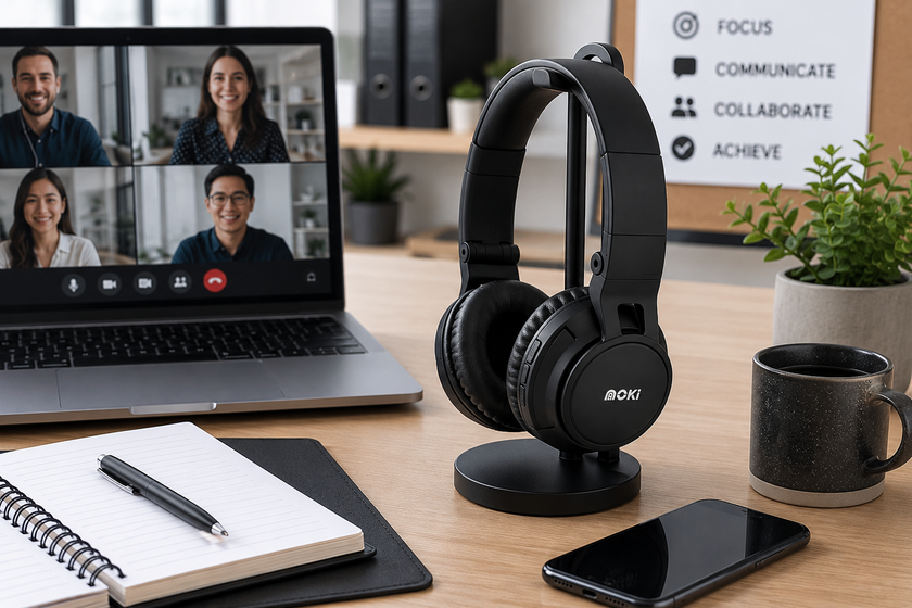 Office audio equipment on a clean workstation with headphones, laptop video call, smartphone, notebook and desk accessories nearby.