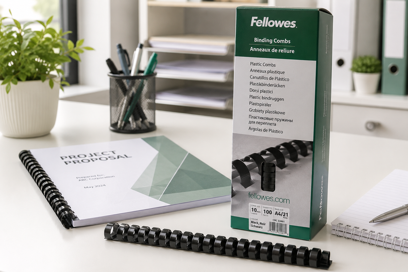 10mm black binding combs on a clean office desk with a bound project proposal, packaging and stationery for slim document presentation.