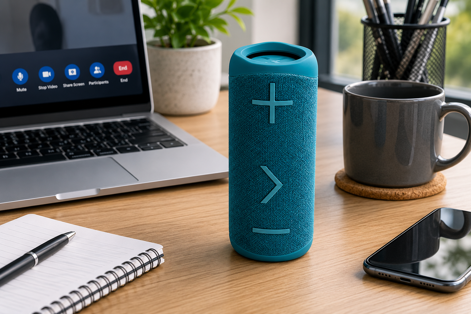 Bluetooth office speaker on a clean workstation with laptop, notebook, smartphone, coffee mug and desk accessories nearby.