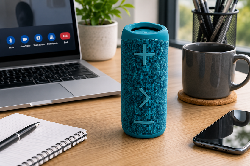 Bluetooth office speaker on a clean workstation with laptop, notebook, smartphone, coffee mug and desk accessories nearby.