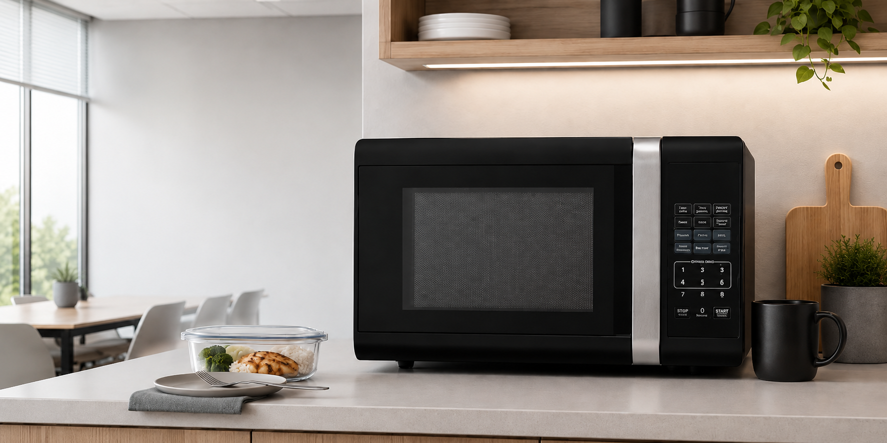 Microwave oven in a clean office breakroom with a prepared lunch container, mug and modern staff kitchen styling.