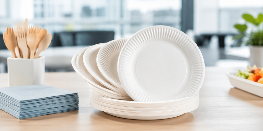 Stacked paper plates arranged on a clean office canteen table with napkins, wooden cutlery and a fresh catering style setup in a bright modern workplace environment.