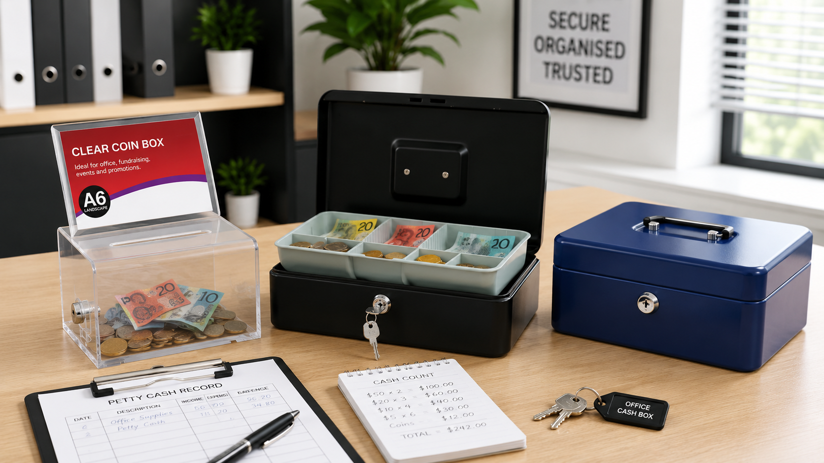 Office cash boxes and clear coin box arranged on a modern admin desk with keys, petty cash records and counting notes for secure workplace cash handling.