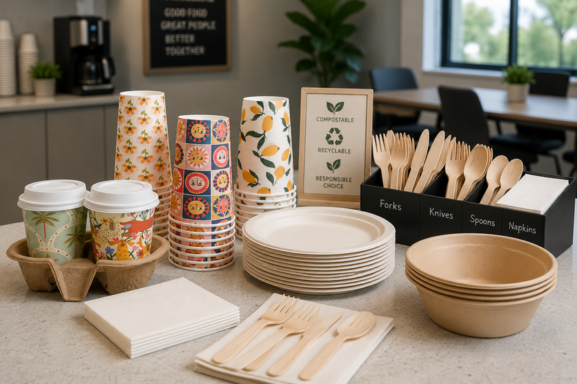 Disposable tableware arranged on an office kitchen bench with patterned cups, plates, bowls, wooden cutlery and napkins for catering service.
