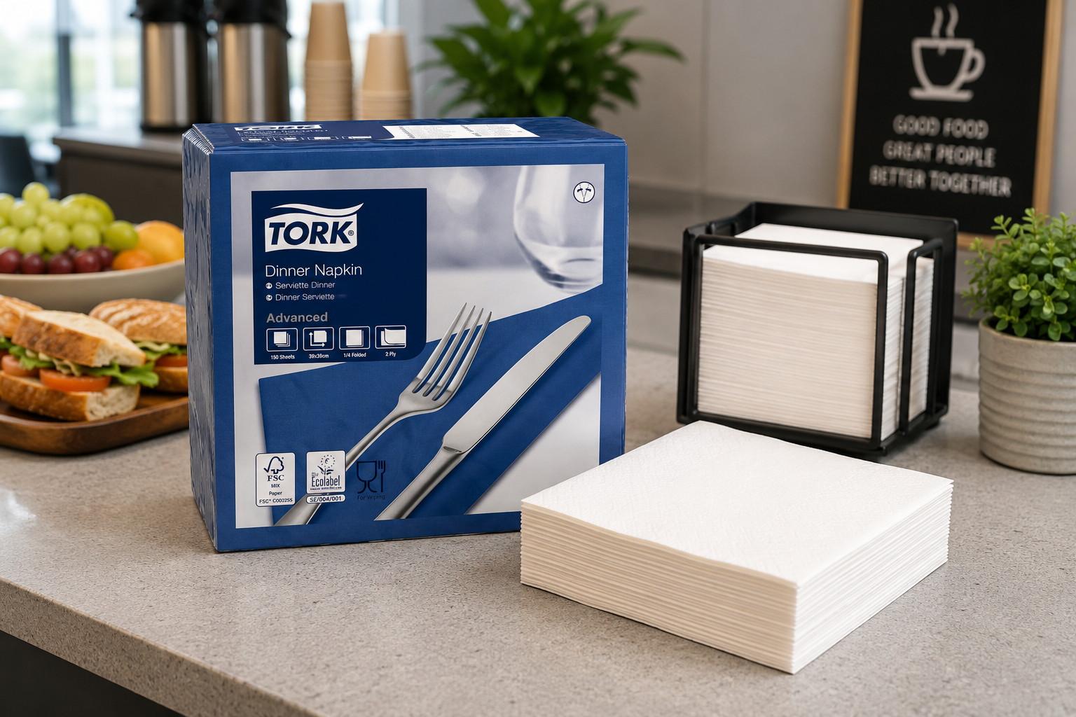 Paper napkins arranged in an office catering area with a boxed napkin pack, napkin holder and refreshments nearby.