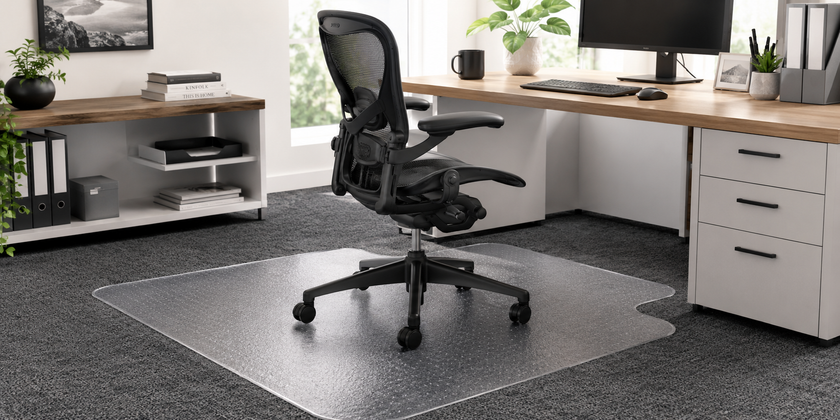 Office chairmat protecting carpet in a bright home office workstation with ergonomic chair, desk, monitor and organised office accessories.