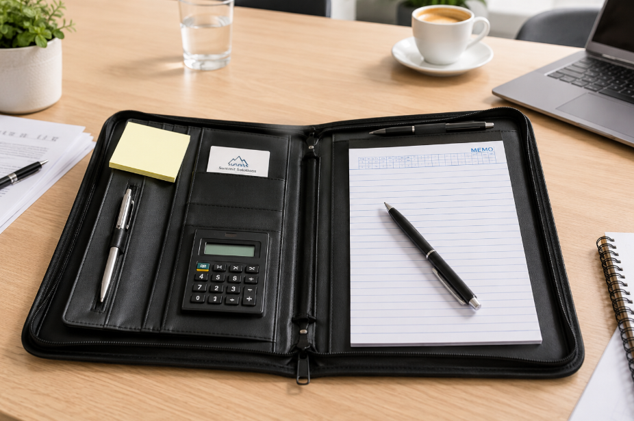 Open office compendium with writing pad, pen and calculator on a bright professional meeting table.