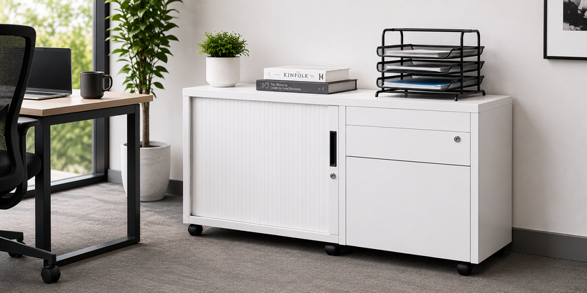 White mobile office credenza positioned against a wall in a bright modern workspace with organised document trays and books.