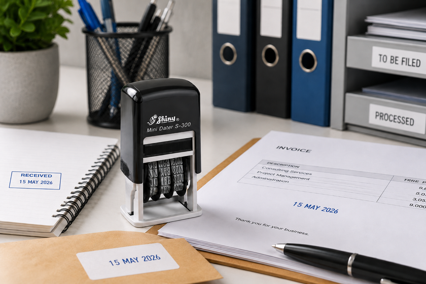 Date stamp on an office desk with invoices, filing trays and documents for organised record keeping.