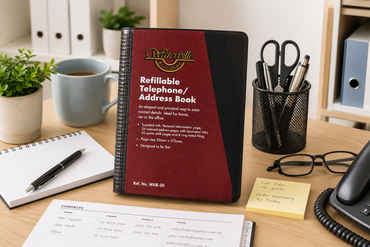 Refillable office address book on a bright desk with contact notes, phone, stationery and organised office supplies.