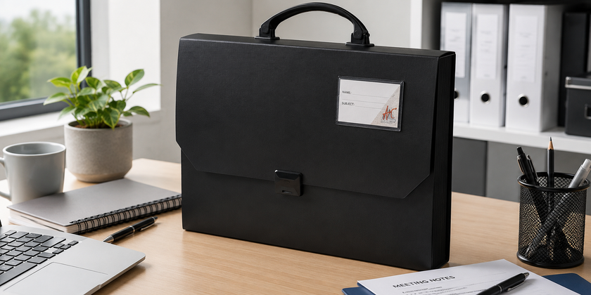 Black document carry case on a modern office desk with laptop, notes and stationery for safe paperwork transport.