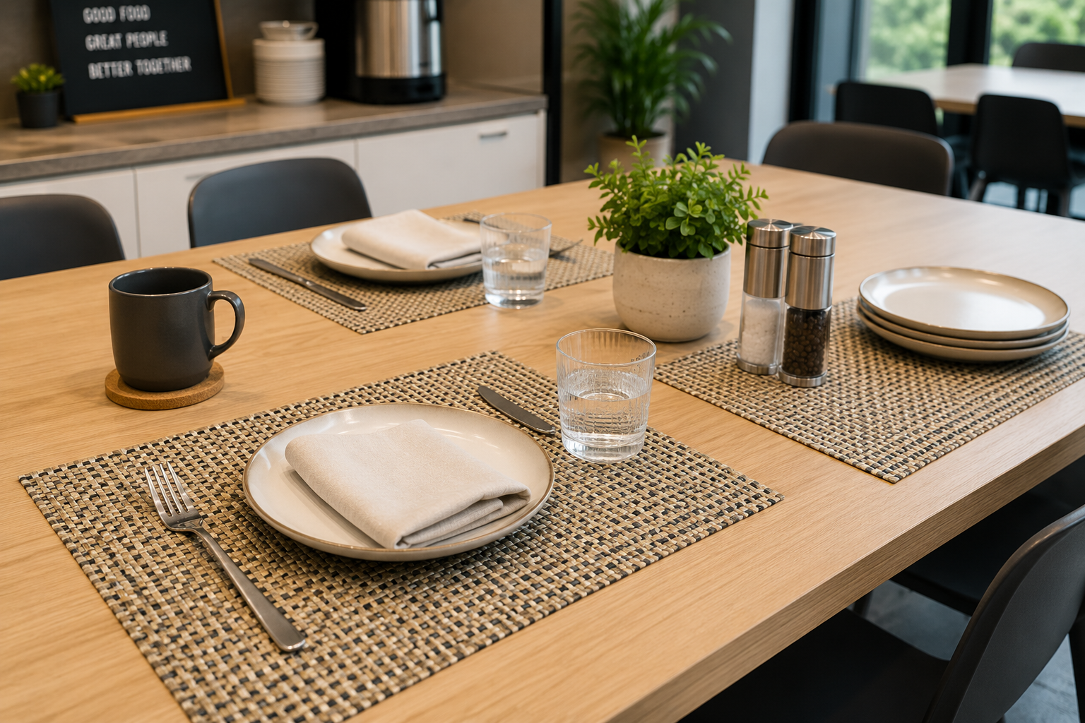 Woven placemats arranged on a modern office dining table with plates, cutlery, glasses and shared kitchen seating nearby.