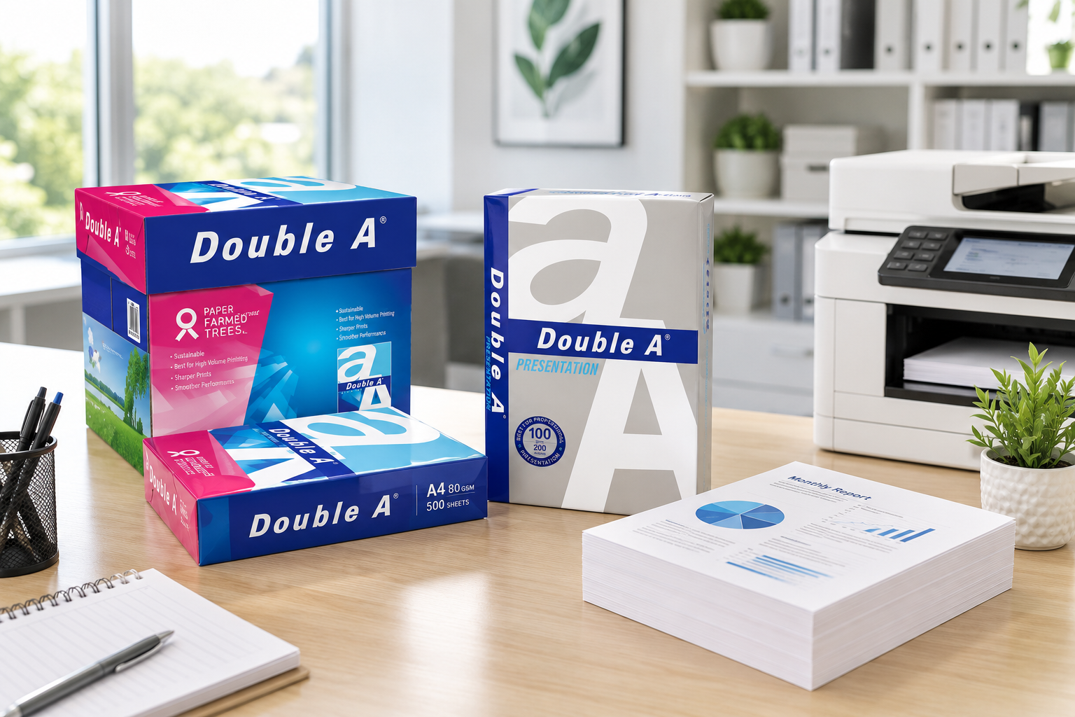 Double A A4 copy and presentation paper arranged beside a printer in a bright modern office workspace.