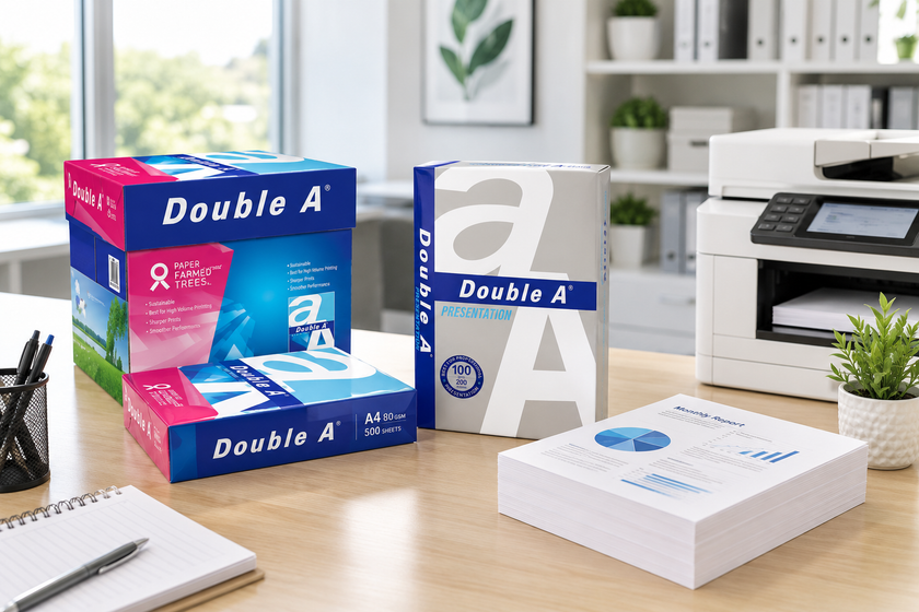 Double A A4 copy and presentation paper arranged beside a printer in a bright modern office workspace.