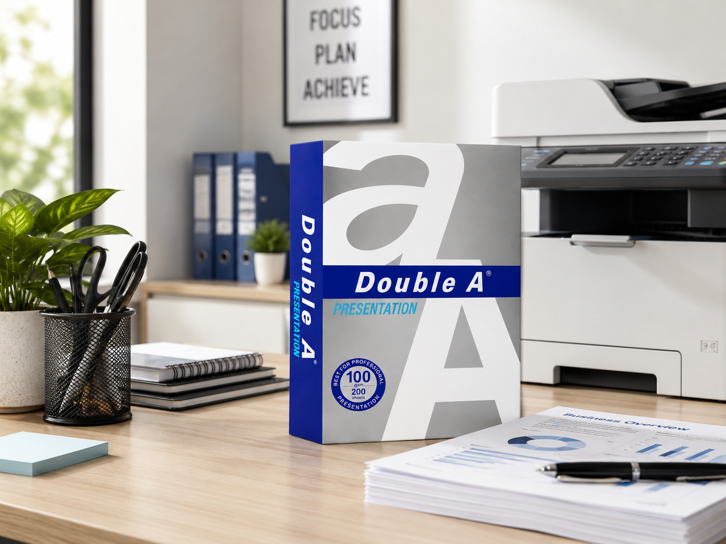 Double A Presentation A4 paper displayed beside a multifunction printer in a bright modern office workspace.