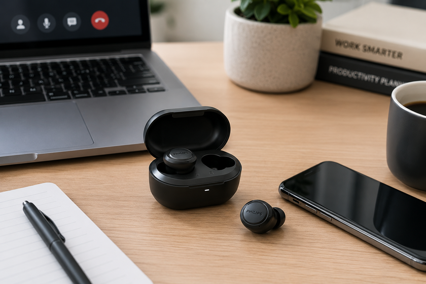 Wireless office earbuds in a charging case on a clean workstation with laptop, smartphone, notebook and desk accessories nearby.
