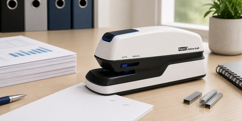 Electric stapler on a clean office desk with paperwork, staples and stationery for fast, consistent document fastening.