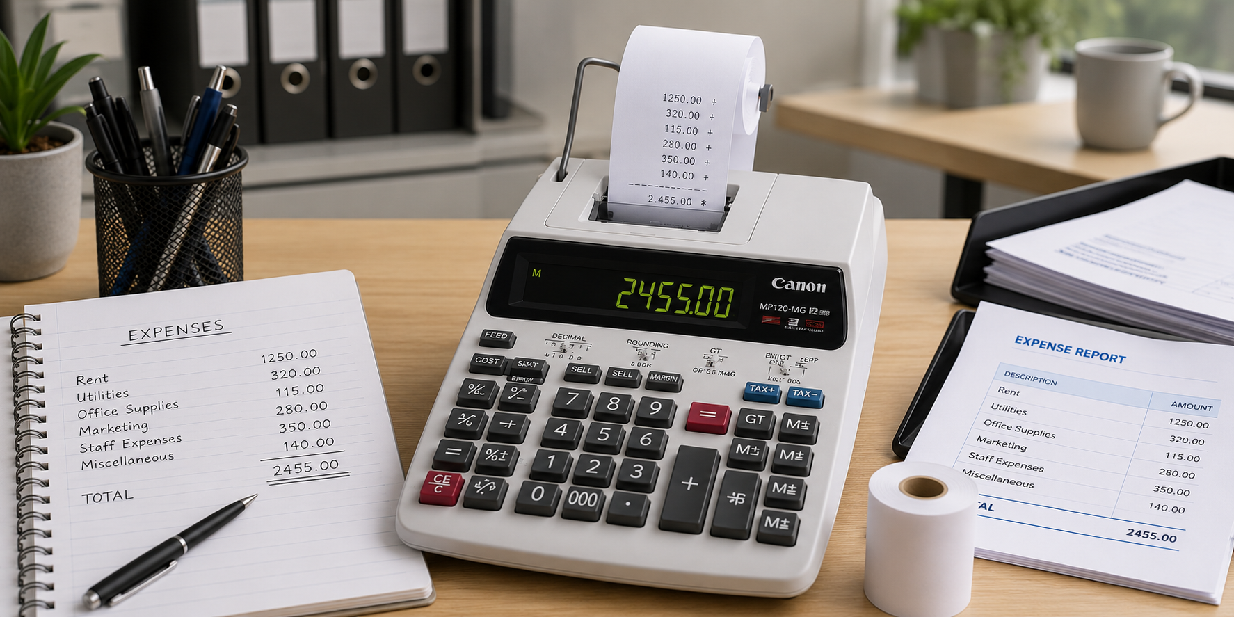 Portable printing calculator on an organised office desk with matching expense totals shown on the notebook, printout and display.