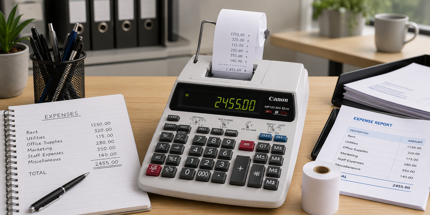 Portable printing calculator on an organised office desk with matching expense totals shown on the notebook, printout and display.