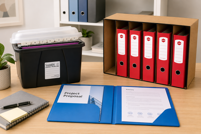 File storage boxes, binders and presentation folders arranged on a clean office desk for secure document organisation and presentation.