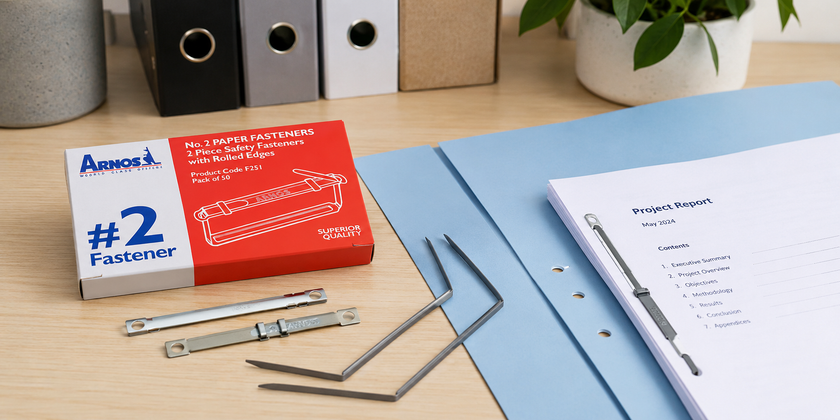 Filing fasteners arranged with punched folders and a project report on a clean office desk for secure document collation.